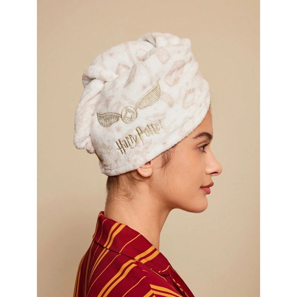 Harry Potter White Fleece Embroidered Golden Snitch Hair Towel Wrap